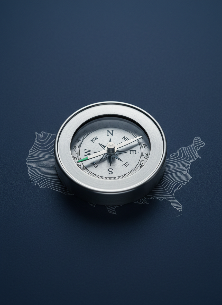 A crisp, high-resolution close-up of a brushed metal compass resting on a clean, matte navy-blue background, its needle pointing decisively toward a clearly marked “N” that glows with subtle white enamel. Beneath the compass lies a faintly visible, stylized map of a nation’s outline printed in pale gray, with fine topographic lines adding texture. Cool, diffused studio lighting from above creates soft highlights along the compass rim and gentle shadows that anchor it in space. The atmosphere is deliberate and principled, evoking direction, sovereignty, and clarity of purpose. Photographic realism, centered composition with ample negative space, ideal for a hero image or section header about guiding principles or national direction.