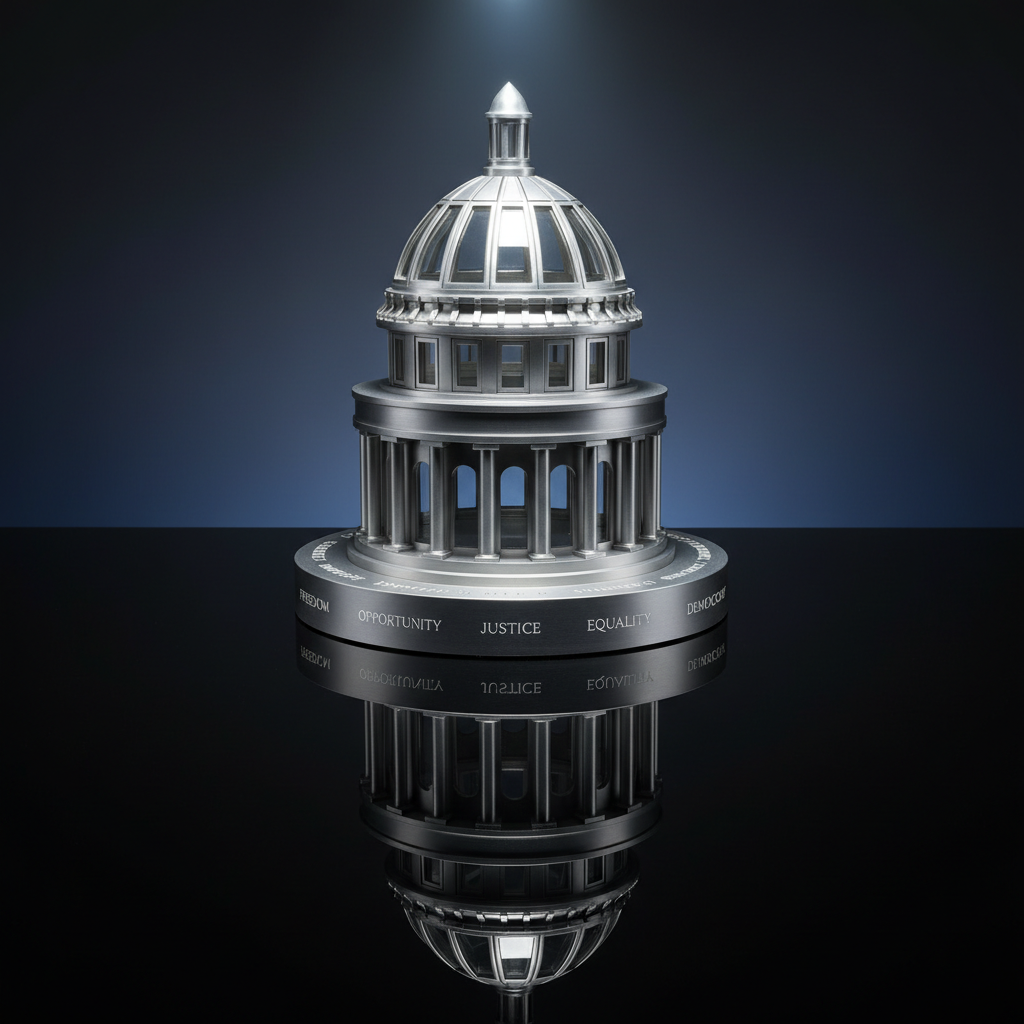 A close-up, photographic image of a meticulously detailed, miniature domed capitol building made of brushed aluminum and glass, resting on a reflective black surface. Around its base, faint laser-etched text in tiny serif font lists key concepts like “freedom,” “opportunity,” and “sovereignty,” barely readable yet clearly intentional. A cool, directional spotlight from above creates sharp, elegant highlights along the building’s curves and columns, while the background fades into a deep gradient of charcoal to midnight blue. The atmosphere is modern, institutional, and slightly dramatic, suggesting scrutiny of power with a contemporary lens. Shot from a slightly low angle in photographic realism, using strong contrast and clean lines to create a bold, magazine-cover-ready visual.