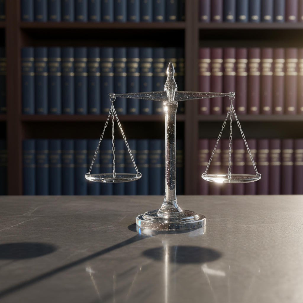 An immaculate, glass-encased scale of justice rendered in smooth, transparent crystal sits on a polished dark stone surface, each balanced tray reflecting pinpoints of light. Behind it, out of focus, stand tall rows of law books with navy and burgundy spines, their gold-foil titles hinting at constitutional law and civil liberties. A narrow band of warm afternoon sunlight cuts across the scene from the right, carving a bright line along the scale’s edge and casting a precise, elongated shadow. The mood is serious, restrained, and authoritative. Photographic realism, captured at a slightly low angle with a medium depth of field, emphasizing the gleaming scale against a softly blurred scholarly backdrop.