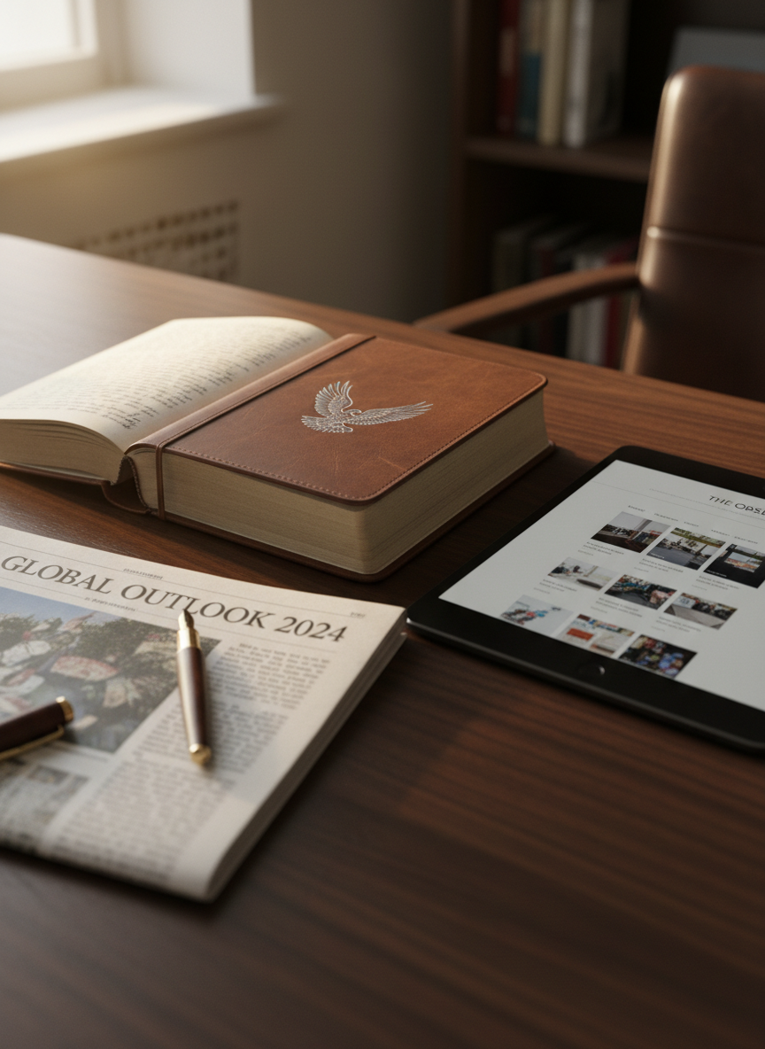 A dignified leather-bound journal embossed with a subtle silver emblem of a soaring eagle, lying open on a dark walnut editorial desk. Neatly arranged around it are a vintage fountain pen, a folded broadsheet newspaper, and a sleek black tablet displaying a minimalist homepage mockup. Soft morning light streams through an unseen window, creating gentle reflections on the tablet screen and catching the texture of the leather and paper fibers. The mood is focused and analytical, suggesting thoughtful reporting and editorial rigor. Photographic realism, shot at eye level with a slight angle, using shallow depth of field to keep the journal and devices in crisp focus while the background recedes into a tasteful, professional blur.
